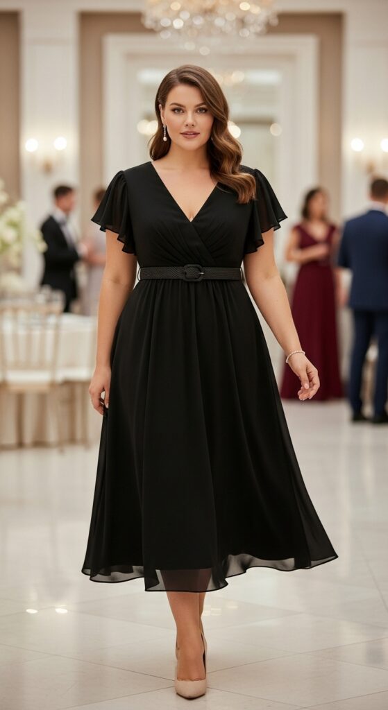 Double V-Neck Chiffon Midi Dress