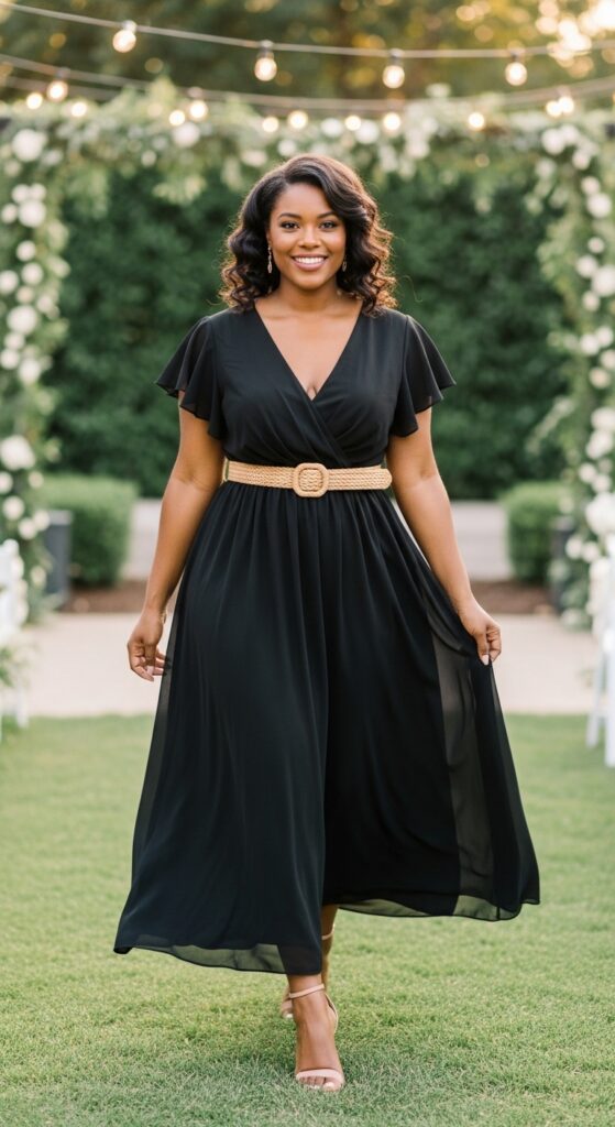 10 Elegant Plus Size Black Wedding Guest Dresses for Curvy Women 9 Double V-Neck Chiffon Midi Dress