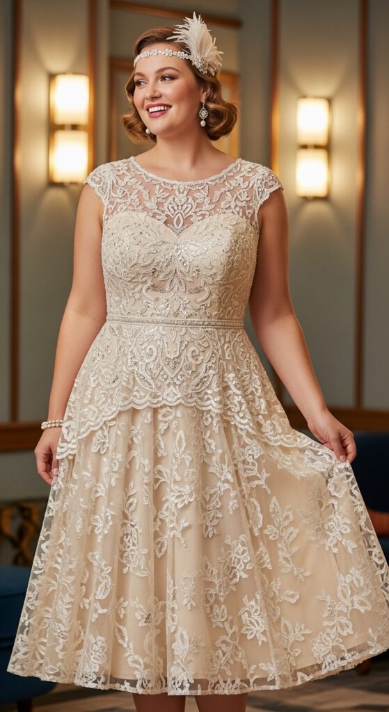 10 Stunning Plus Size Vintage Wedding Dresses for Curvy Brides 7 Drop Waist Midi Dress