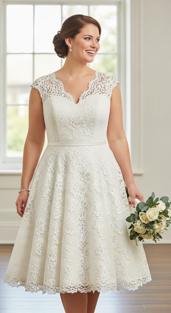 10 Stunning Plus Size Short Wedding Dresses Curvy Brides Will Love 11 Drop Waist Tea-Length Dress