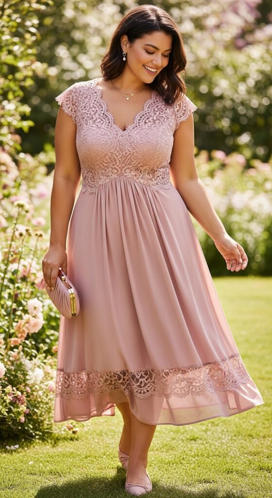 10 Gorgeous Plus Size Pink Wedding Guest Dresses for Curvy Women 5 Dusty Rose Midi Dress