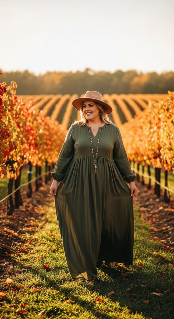 15 Plus Size Fall Winery Outfits for an Unforgettable Autumn Day 4 Earth Tone Maxi Romance