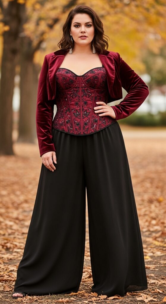 15 Plus Size Fall Aesthetic Outfits That Celebrate Your Curves & Creativity 11 Embroidered Corset & Wide-Leg Pants
