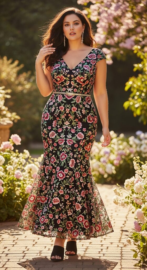 10 Gorgeous Plus Size Floral Wedding Guest Dresses for Curvy Women 7 Embroidered Floral Gown