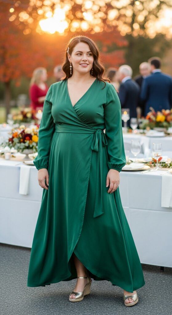 10 Gorgeous Plus Size September Wedding Guest Dresses for Curvy Women 4 Emerald Green Wrap Dress