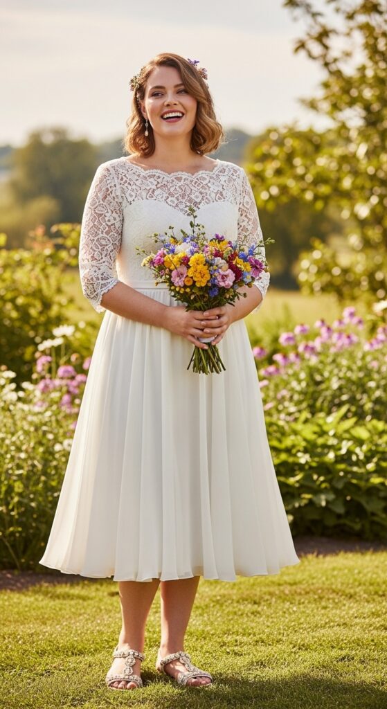10 Stunning Plus Size Short Wedding Dresses Curvy Brides Will Love 5 Empire Waist Tea-Length Dress