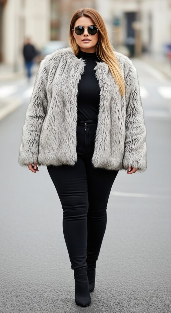14 Chic and Cozy Plus Size Fall and Winter Outfits Every Curvy Woman Will Love 9 Faux Fur Jacket and Skinny Jeans