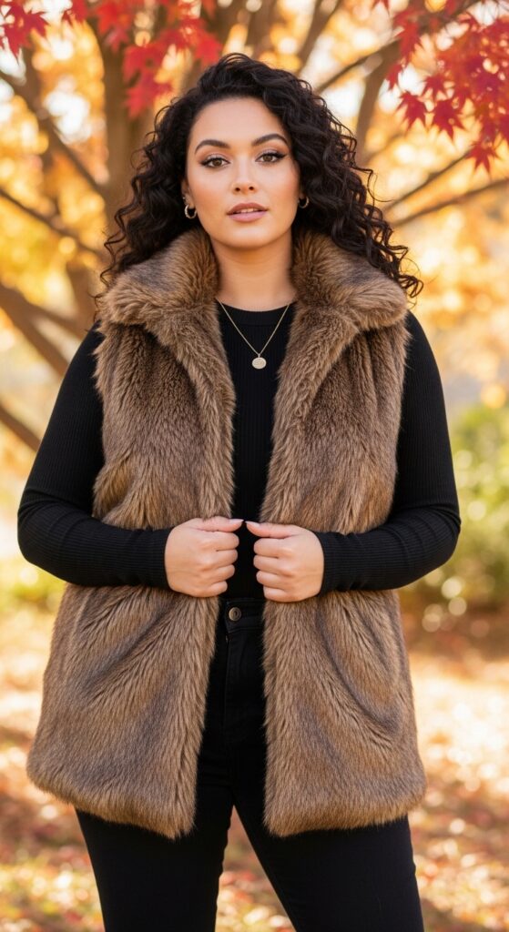 14 Plus Size Fall Vest Outfits Curvy Women Will Love 15 Faux Fur Vest & Black Basics