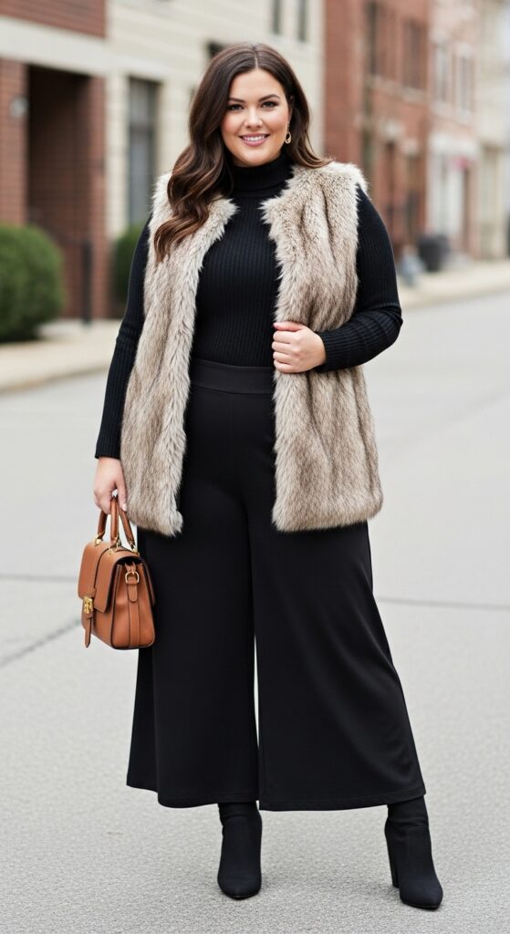 15 Stylish Plus Size Fall Outfits for Curvy Women to Rock This Season 8 Faux Fur Vest & Wide-Legged Trousers