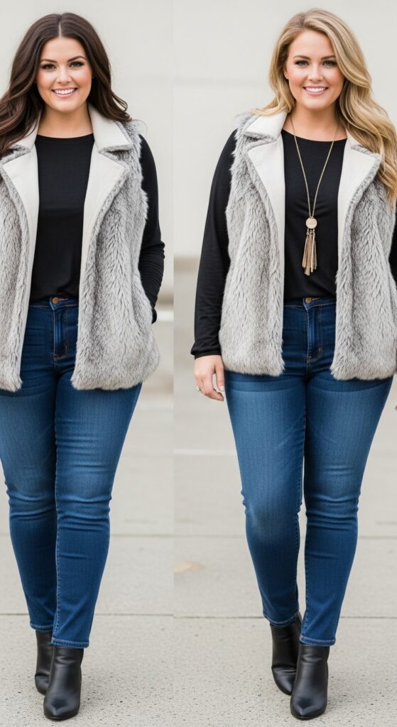 15 Chic Plus Size Fall Fashion Outfits Every Curvy Woman Will Love 9 Faux Fur Vest and Slim Fit Jeans