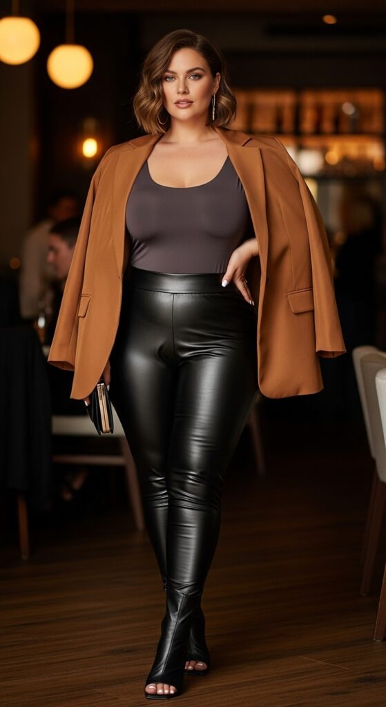 14 Plus Size Fall Going Out Outfits Curvy Women Will Love 9 Faux Leather Leggings & Oversized Blazer