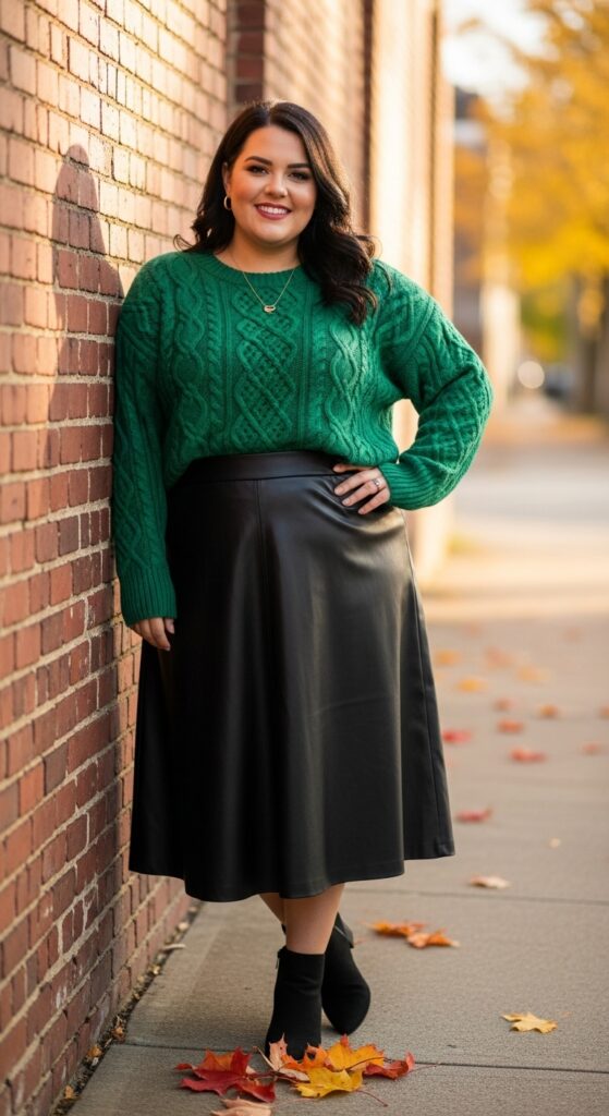 12 Plus Size Fall Photo Outfits That Make Your Curves Shine 6 Faux Leather Midi Skirt + Sweater