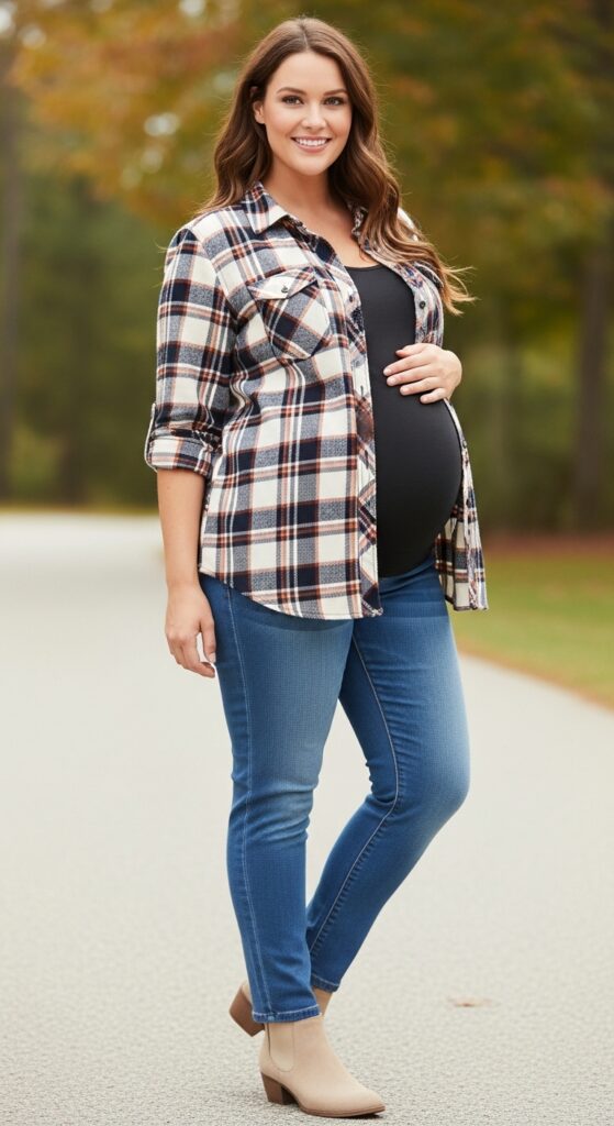 12 Plus Size Pregnant Fall Outfits That Curvy Women Love 20 Flannel Shirt and Maternity Jeans