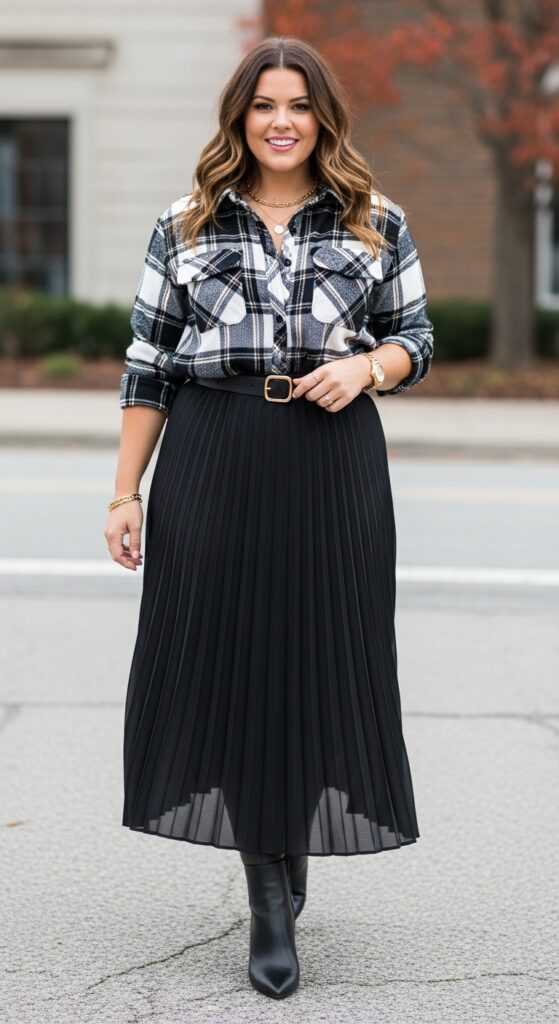 Flannel Shirt and Pleated Midi Skirt