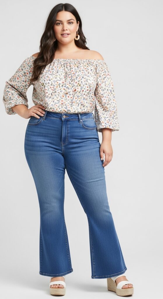 Flared Jeans & Off-the-Shoulder Top Playful and Feminine