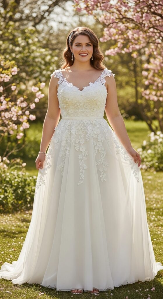 10 Stunning Plus Size A-Line Wedding Dresses for Curvy Brides 8 Floral Appliqué A-Line Dress