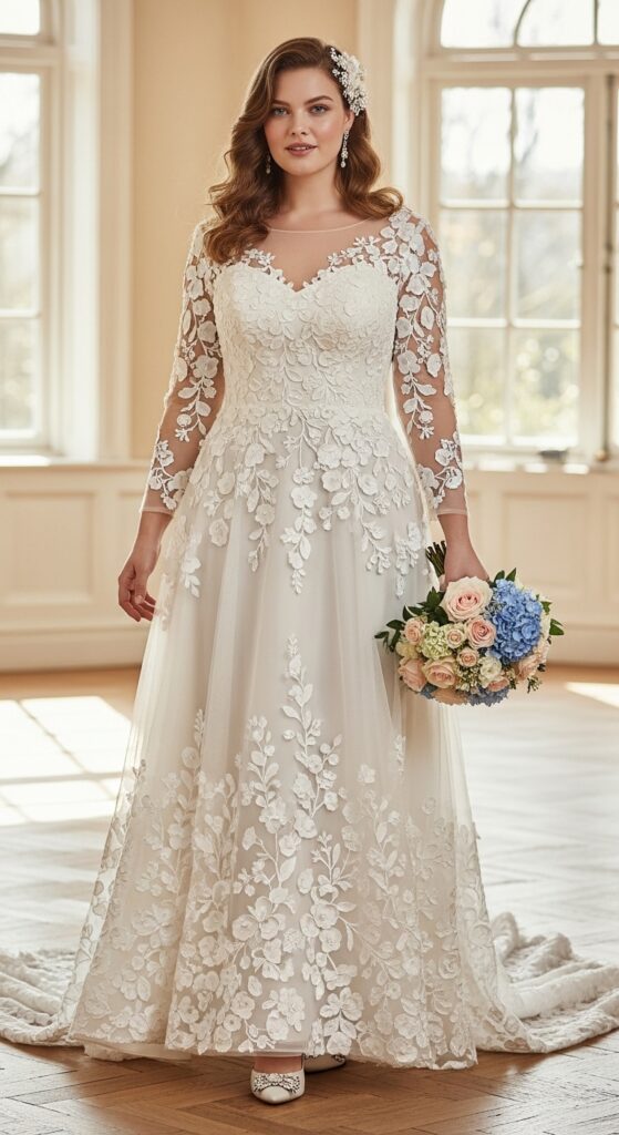 10 Stunning Plus Size Vintage Wedding Dresses for Curvy Brides 9 Floral Appliqué Vintage Dress