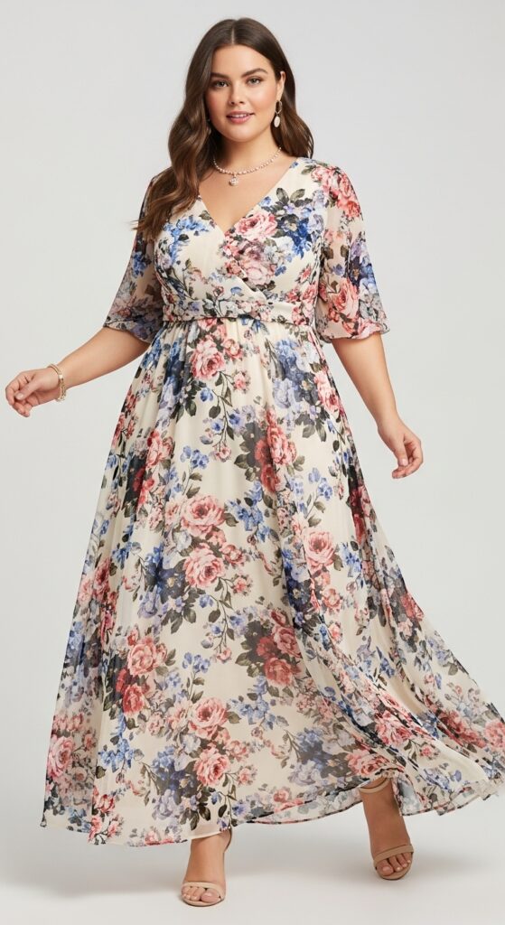10 Gorgeous Plus Size Floral Wedding Guest Dresses for Curvy Women 2 Floral Chiffon Maxi Dress