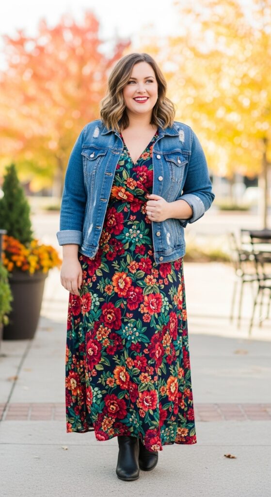 14 Plus Size Fall Birthday Outfits to Make You Feel Absolutely Radiant 11 Floral Maxi with a Denim Jacket