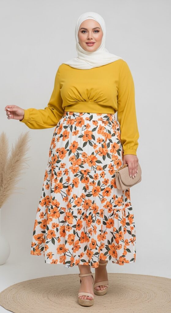 Floral Midi Skirt with Tangerine Flowers and Butter Yellow Blouse