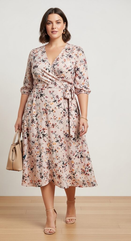 10 Chic Plus-Size Summer Work Outfits for Curvy Women 4 Floral Midi Wrap Dress