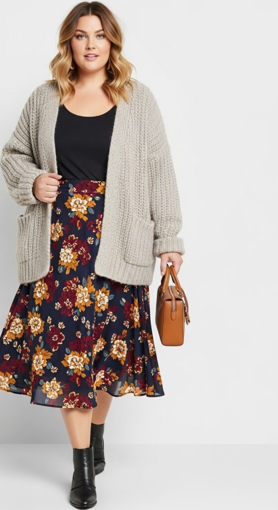 Floral Skirt and Chunky Cardigan