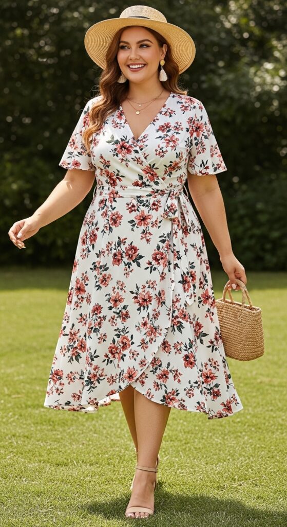 15 Stunning Plus Size Summer Party Outfits for Curvy Women You’ll Love 3 Floral Wrap Dress A Timeless Essential
