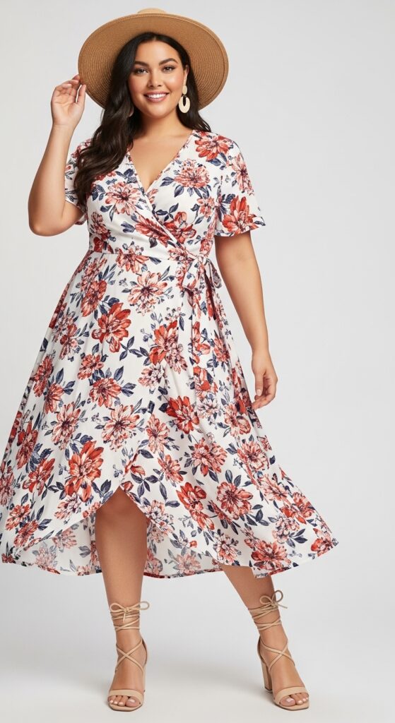 10 Cute Plus-Size Summer Outfits Curvy Women Will Love 3 Floral Wrap Midi Dress