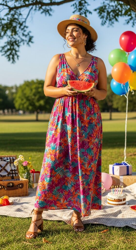 15 Stylish Plus Size Summer Birthday Outfits Curvy Women Will Love 3 Flowy Maxi Dress
