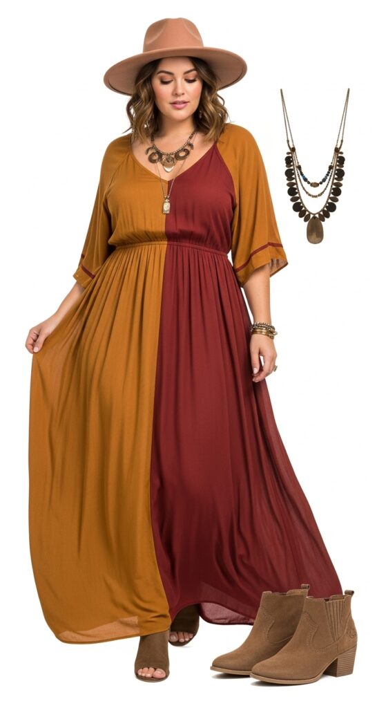 14 Plus Size Fall Boho Outfits That Curvy Women Love 3 Flowy Maxi Dress and Suede Ankle Boots