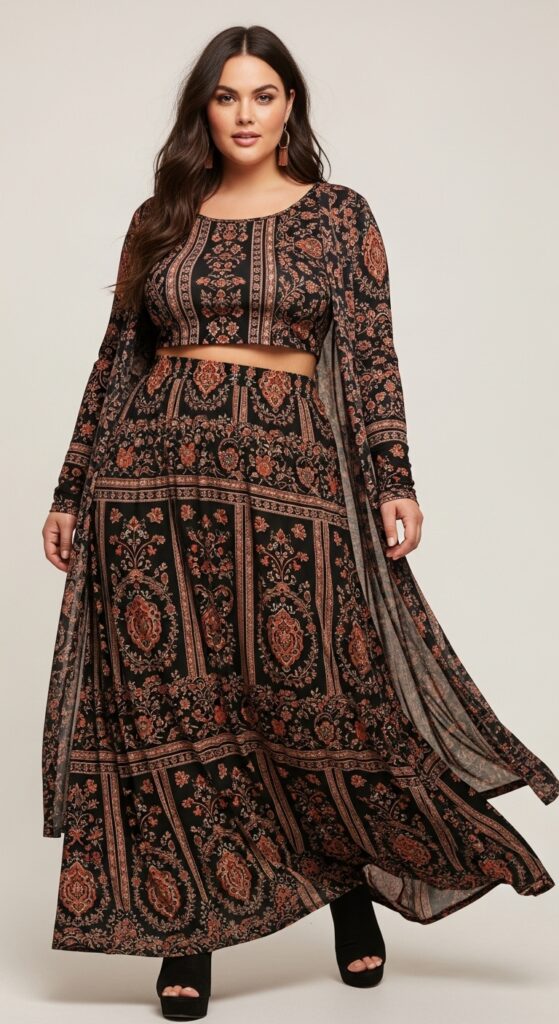 14 Plus Size Witchy Fall Outfits That Curvy Women Love 4 Flowy Maxi Skirt and Long-Sleeve Crop Top