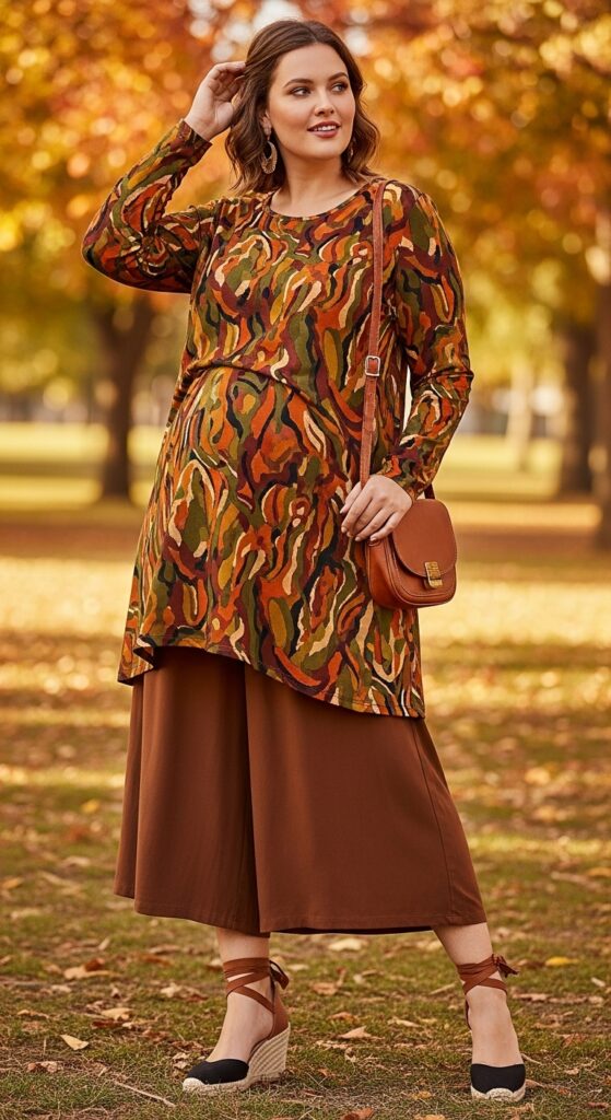 10 Stunning Plus Size Fall Outfits for Curvy Women with Big Stomach 12 Flowy Tunic and Culottes