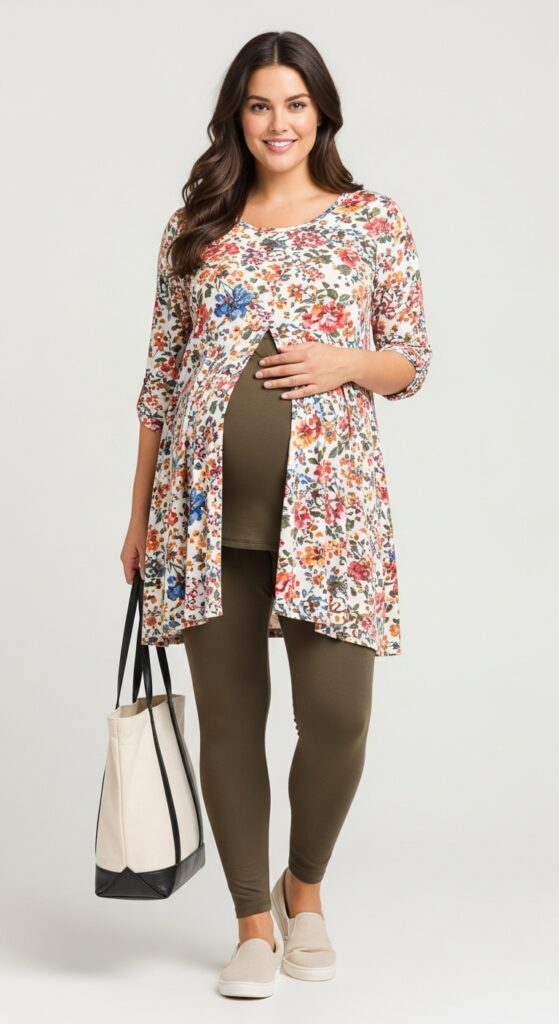15 Stunning Plus Size Summer Pregnancy Outfits Every Curvy Mom-to-Be Will Love 8 Flowy Tunic with Maternity Leggings