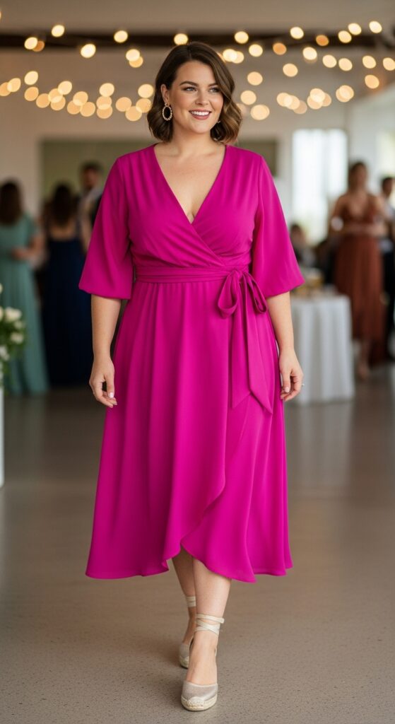 10 Gorgeous Plus Size Pink Wedding Guest Dresses for Curvy Women 4 Fuchsia Wrap Dress