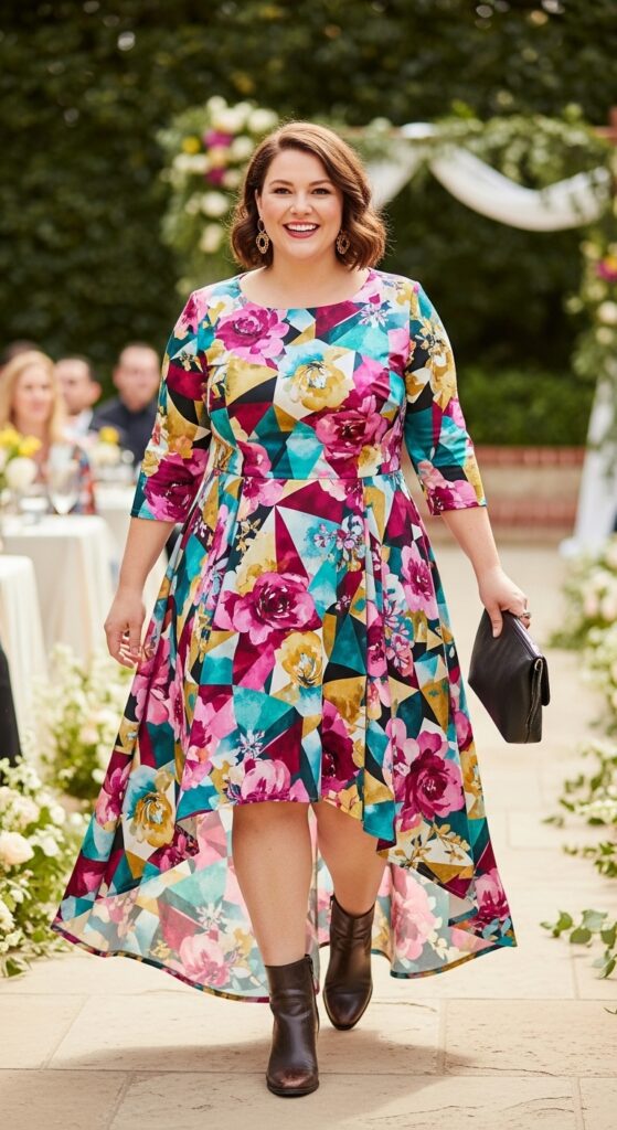 10 Gorgeous Plus Size Floral Wedding Guest Dresses for Curvy Women 11 Geometric Floral Maxi Dress