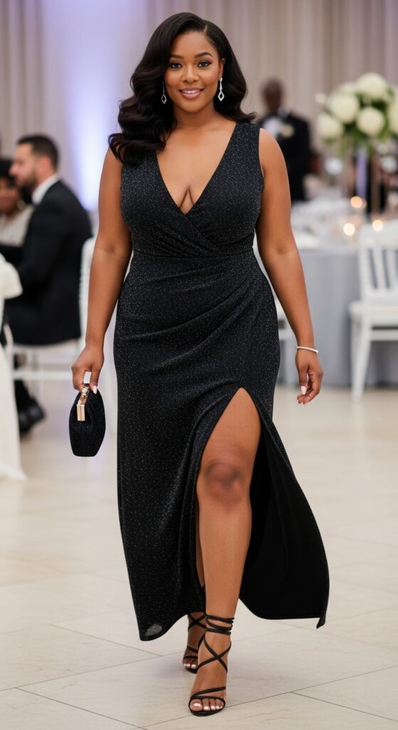10 Elegant Plus Size Black Wedding Guest Dresses for Curvy Women 11 Glitter V-Neck High-Slit Dress