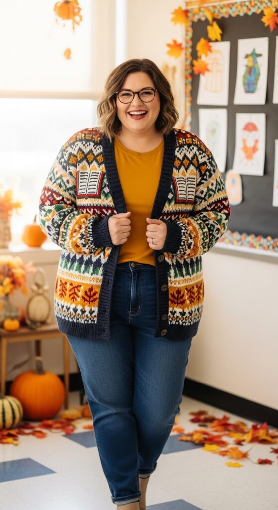 14 Plus Size Fall Teacher Outfits for the Stylish & Savvy Educator 16 Graphic Cardigan & Jeans