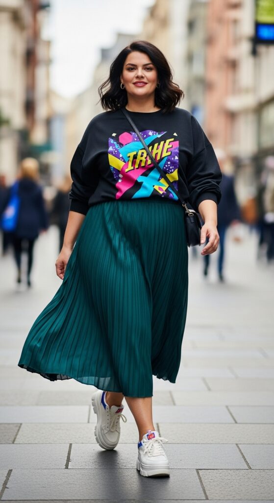 Graphic Sweatshirt & Pleated Skirt Sporty Meets Feminine