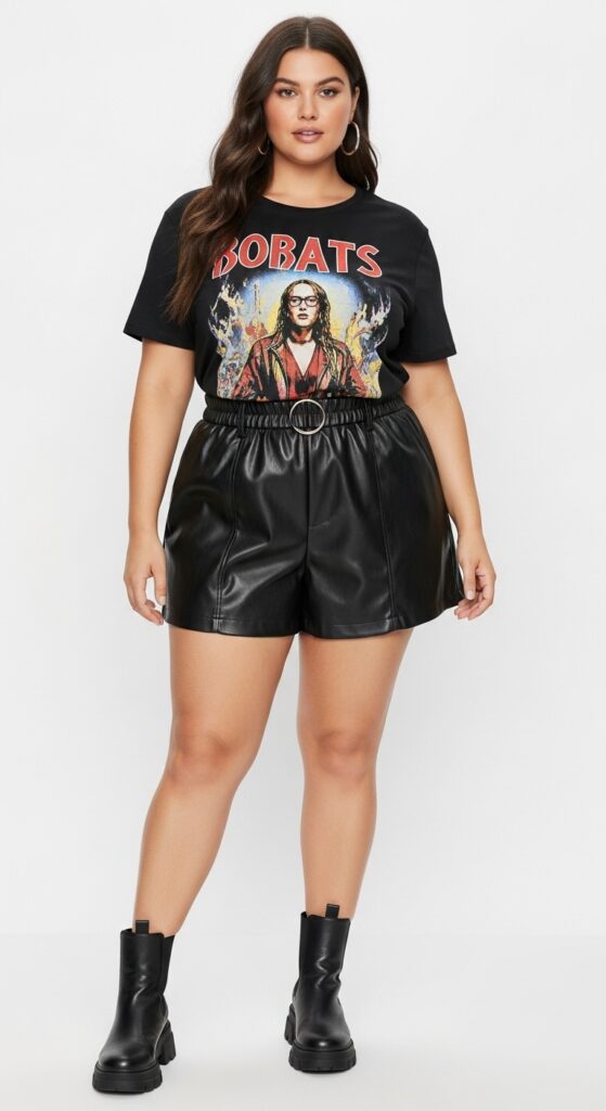 12 Plus Size Edgy Summer Outfits for Curvy Women You’ll Love 2 Graphic Tee & Leather Shorts Bold and Comfortable
