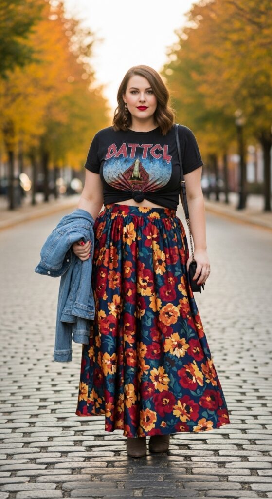 14 Plus Size Early Fall Outfits to Master the Season's First Cozy Vibes 8 Graphic Tee & Statement Skirt