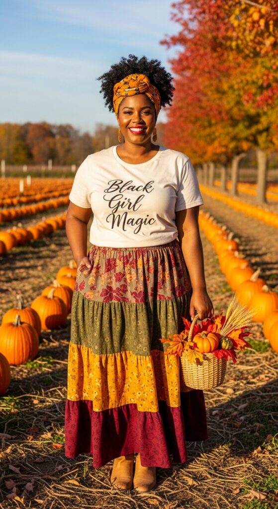 14 Plus Size Fall Outfits Celebrating Black Women’s Style Magic 15 Graphic Tee + Tiered Maxi Skirt