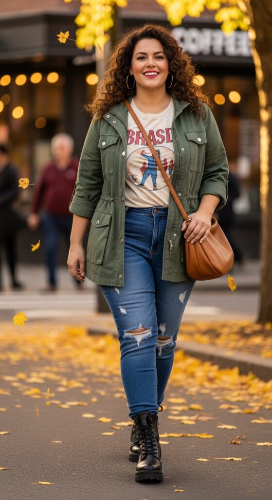 15 Stylish Plus Size Fall Outfits for Curvy Women to Rock This Season 13 Graphic Tee & Utility Jacket