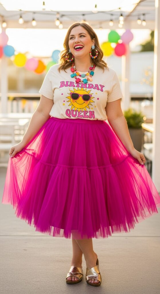 15 Stylish Plus Size Summer Birthday Outfits Curvy Women Will Love 12 Graphic Tee with a Tulle Skirt