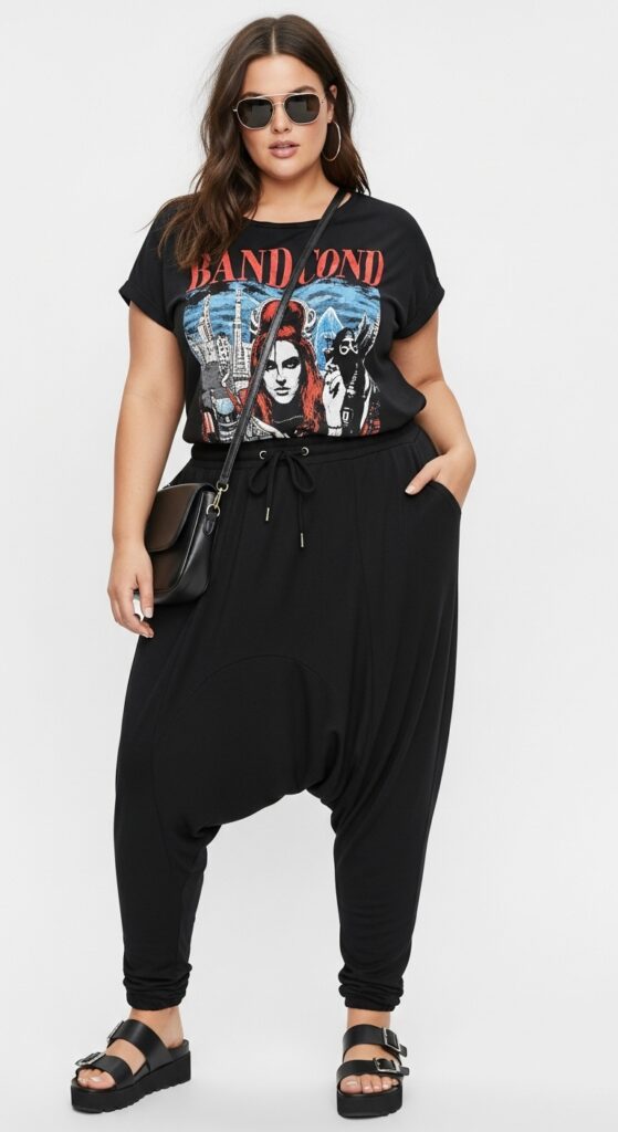 12 Plus Size Edgy Summer Outfits for Curvy Women You’ll Love 10 Harem Pants & Band Tee Comfortable Yet Cool