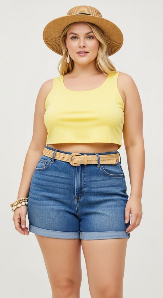 12 Stunning Plus-Size Summer Beach Outfits for a Chic Vacation Vibe 5 High-Waisted Shorts and Crop Top