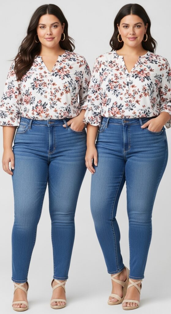 High-Waisted Skinny Jeans & Flowing Blouse Elegant and Effortless