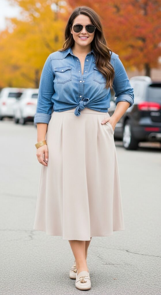 High-Waisted Skirt and Chambray Shirt