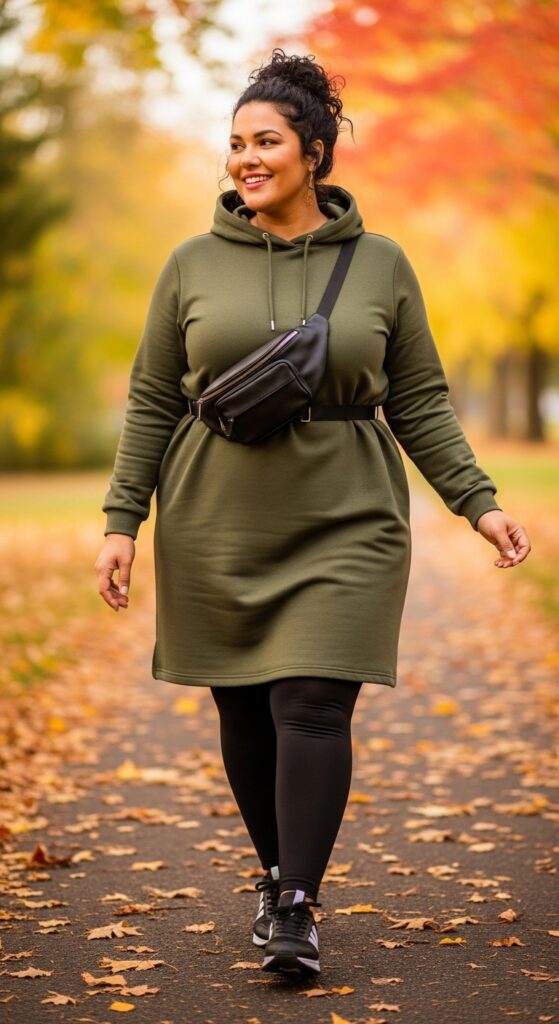 14 Plus Size Fall Athleisure Outfits Curvy Women Will Love 8 Hooded Sweatshirt Dress & Leggings