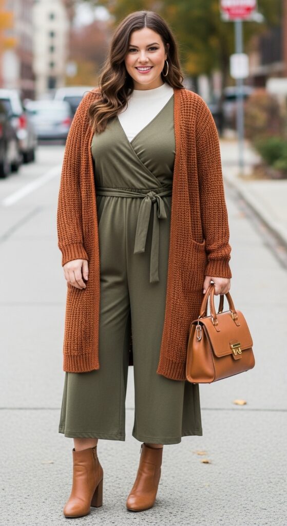 15 Chic Plus Size Fall Fashion Outfits Every Curvy Woman Will Love 16 Jumpsuit and Ankle Boots