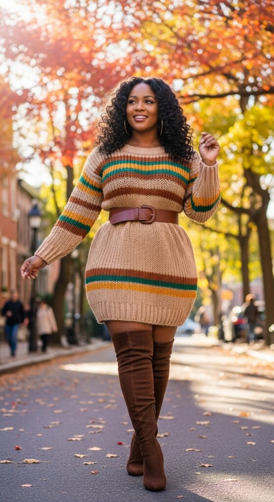 14 Plus Size Fall Outfits Celebrating Black Women’s Style Magic 9 Kente-Knit Sweater Dress